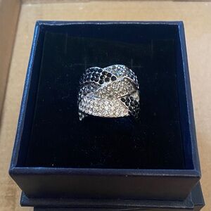 Lia Sophia Silver Ring with Black and Clear Swarovski Crystals